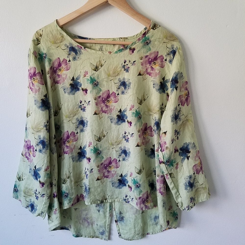 Cut Loose 100% Linen Green Floral Boxy Blouse M